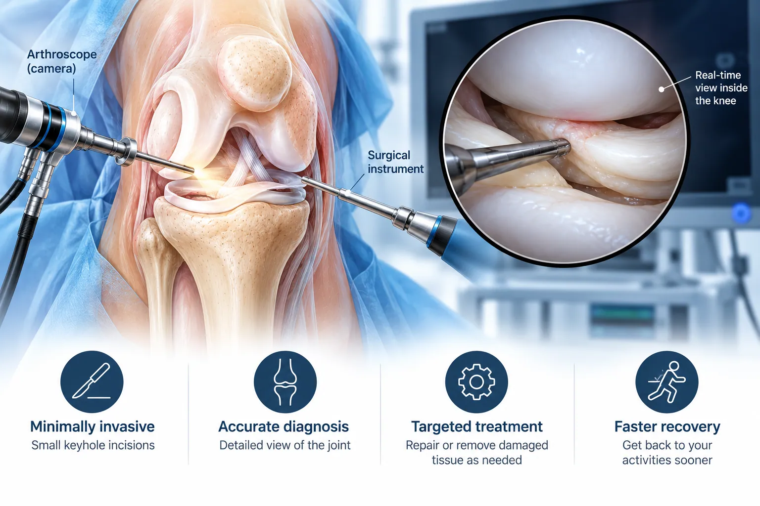 Knee arthroscopy showing the arthroscope camera and surgical instrument with the real-time view inside the joint