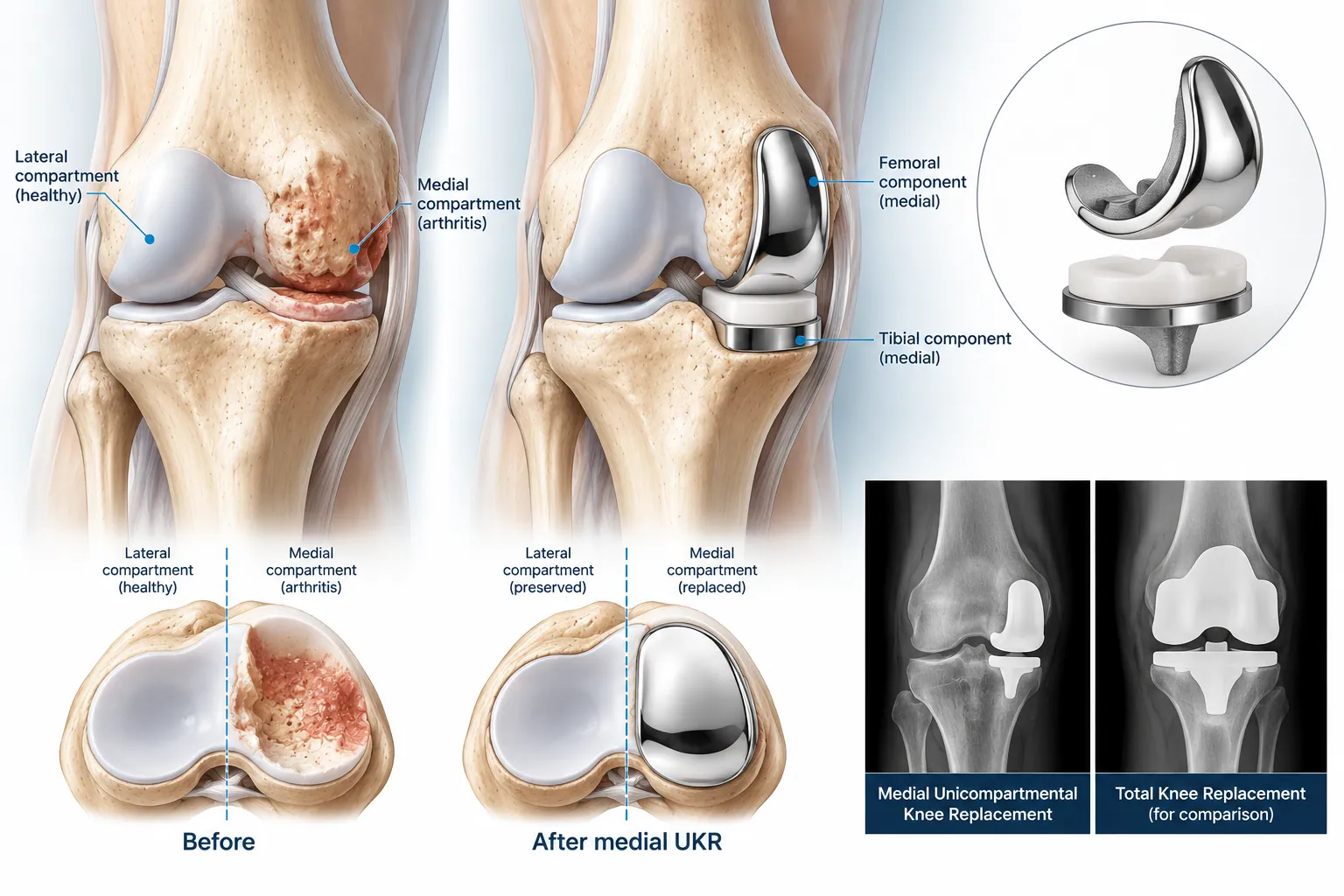 Anatomical comparison of a knee with medial compartment arthritis and the same knee after partial knee replacement